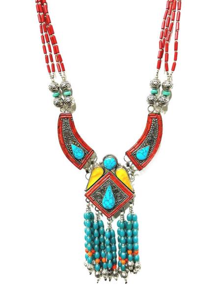 COLLARES HOMBRE ETNICOS IBIZA PLATA CON PEDRERIA SEMIPRECIOSA CORAL AMBAR Y TURQUESA JOYAS NEPAL