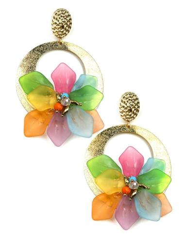 PENDIENTES LARGOS DE AROS DORADOS Y FLORES COLOR ALEGRE