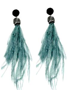 PENDIENTES LARGOS DE PLUMAS AZULES GRISACEO PARA EVENTOS