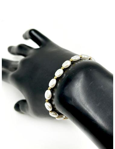 PULSERAS BLANCAS Y DORADAS PARA MUJER CON PERLAS Y ACERO