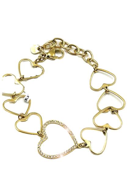 PULSERAS DORADAS CON ESLABONES DE CORAZONES Y CIRCONITAS