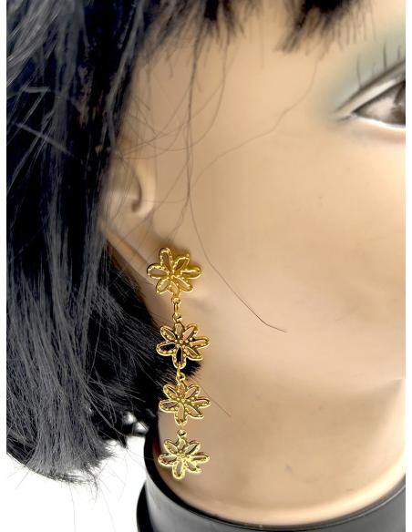 PENDIENTES LARGOS DE FIESTA DORADOS CON FLORES PARA NOCHE Y BODA
