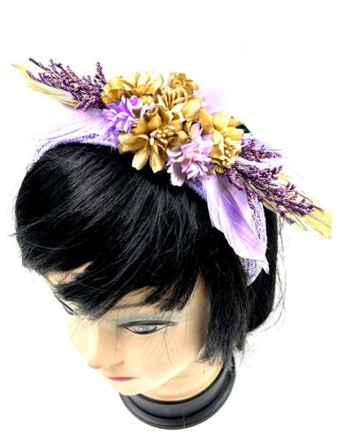 TOCADOS MORADOS LILA DIADEMAS DE FLORES Y PLUMAS PARA BODAS Y EVENTOS