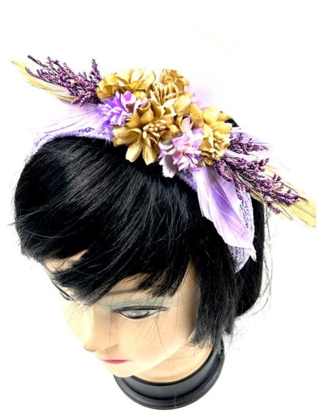 TOCADOS MORADOS LILA DIADEMAS DE FLORES Y PLUMAS PARA BODAS Y EVENTOS