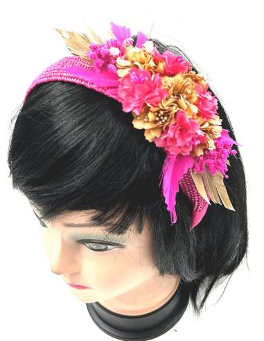 GETJOY Tocado Para Bodas, Fucsia, Flores Sintéticas, Cintas Retro, Plumas En La Diadema, Mujer, Rosa, Múltiples Ocasiones Especiales, Retro/música