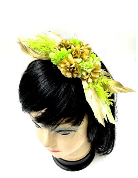 TOCADOS BODA VERDES Y DORADOS DIADEMAS DE FLORES Y PLUMAS
