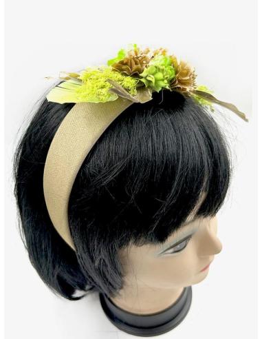TOCADOS BODA VERDES Y DORADOS DIADEMAS DE FLORES Y PLUMAS
