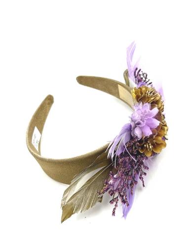 TOCADOS BODA DORADOS Y MORADOS DIADEMAS FLORES Y PLUMAS