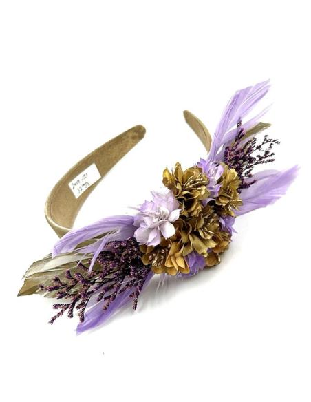 TOCADOS BODA DORADOS Y MORADOS DIADEMAS FLORES Y PLUMAS