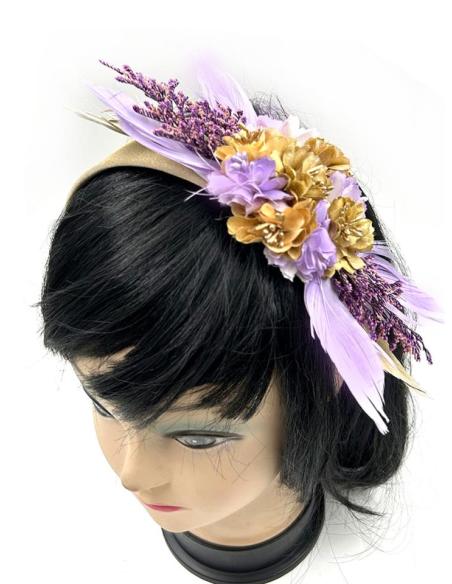 TOCADOS BODA DORADOS Y MORADOS DIADEMAS FLORES Y PLUMAS