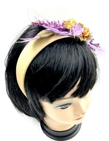 TOCADOS BODA DORADOS Y MORADOS DIADEMAS FLORES Y PLUMAS
