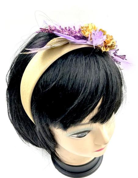 TOCADOS BODA DORADOS Y MORADOS DIADEMAS FLORES Y PLUMAS