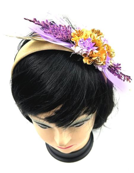 TOCADOS BODA DORADOS Y MORADOS DIADEMAS FLORES Y PLUMAS