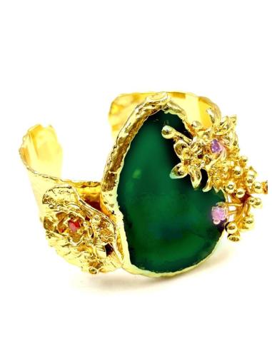 PULSERAS ANCHAS PARA MUJER CON PIEDRA VERDE Y BRAZALETE DORADO