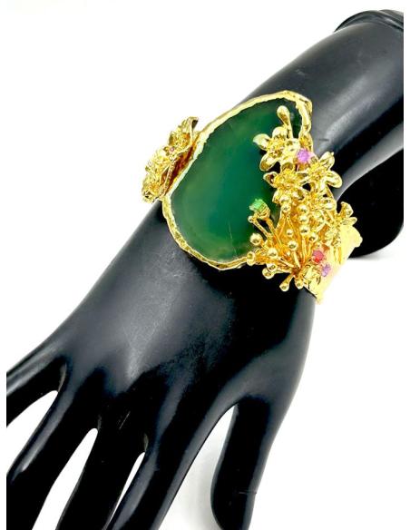 PULSERAS ANCHAS PARA MUJER CON PIEDRA VERDE Y BRAZALETE DORADO