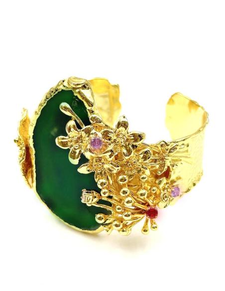PULSERAS ANCHAS PARA MUJER CON PIEDRA VERDE Y BRAZALETE DORADO