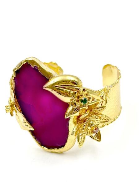 PULSERAS DE MODA PARA BODAS EN DORADO CON PIEDRA FUCSIA BUGAMBILIA