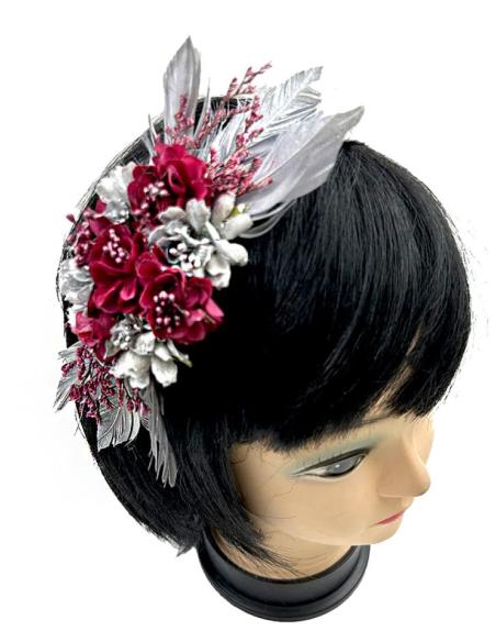 TOCADOS BODA PLATEADOS Y BUGAMBILIAS DIADEMAS FLOR Y PLUMAS