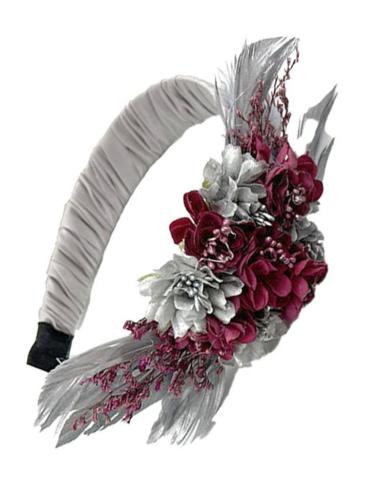 TOCADOS BODA PLATEADOS Y BUGAMBILIAS DIADEMAS FLOR Y PLUMAS