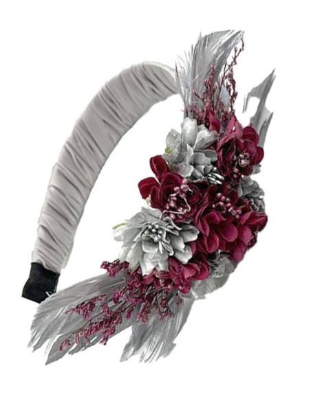 TOCADOS BODA PLATEADOS Y BUGAMBILIAS DIADEMAS FLOR Y PLUMAS