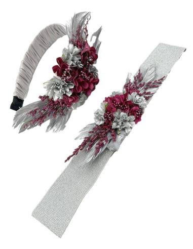 TOCADOS BODA PLATEADOS Y BUGAMBILIAS DIADEMAS FLOR Y PLUMAS