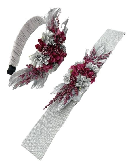 TOCADOS BODA PLATEADOS Y BUGAMBILIAS DIADEMAS FLOR Y PLUMAS