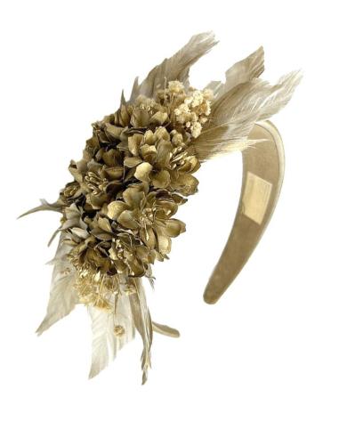 TOCADOS BODA DORADOS DIADEMAS FLOR Y PLUMAS