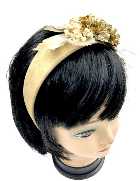 TOCADOS BODA DORADOS DIADEMAS FLOR Y PLUMAS