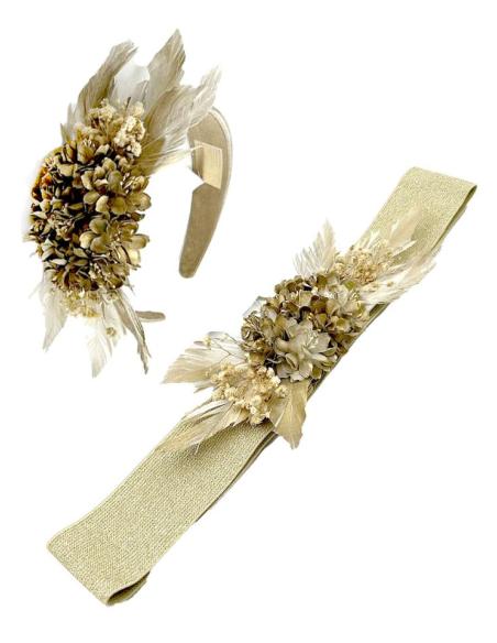 TOCADOS BODA DORADOS DIADEMAS FLOR Y PLUMAS