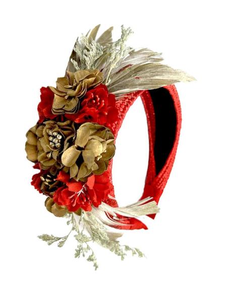 TOCADOS BODA ROJAS Y DORADAS DIADEMAS FLOR Y PLUMA