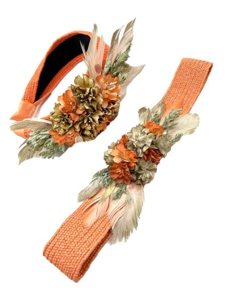 TOCADOS BODA NARANJAS DIADEMAS FLORES Y PLUMAS