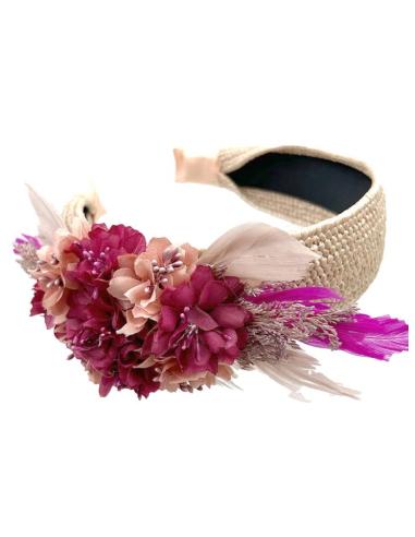 TOCADOS BODA ROSAS Y BUGAMBILIAS DIADEMA FLORES Y PLUMAS