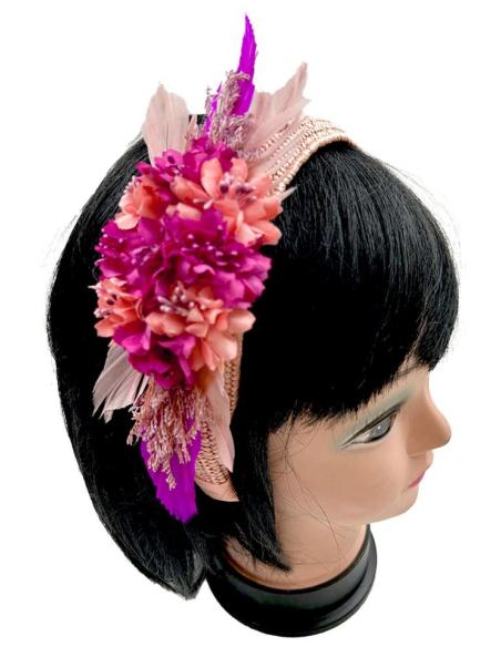TOCADOS BODA ROSAS Y BUGAMBILIAS DIADEMA FLORES Y PLUMAS