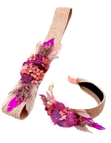 TOCADOS BODA ROSAS Y BUGAMBILIAS DIADEMA FLORES Y PLUMAS
