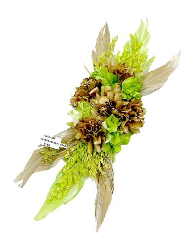 TOCADOS VERDES Y DORADOS CON PLUMAS Y FLORES SECAS Y DE TELA PARA BODAS