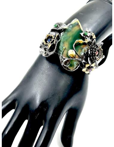 PULSERAS DE MUJER BRAZALETE ANCHO CON PIEDRA VERDE