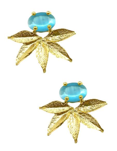 PENDIENTES BODA CORTOS DORADOS Y AZULES TURQUESAS CON HOJITAS