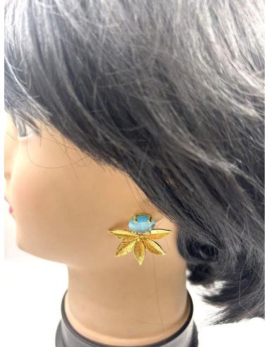 PENDIENTES BODA CORTOS DORADOS Y AZULES TURQUESAS CON HOJITAS