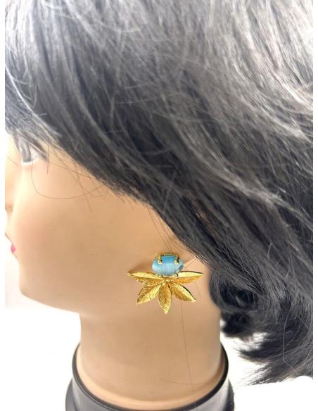 PENDIENTES BODA CORTOS DORADOS Y AZULES TURQUESAS CON HOJITAS