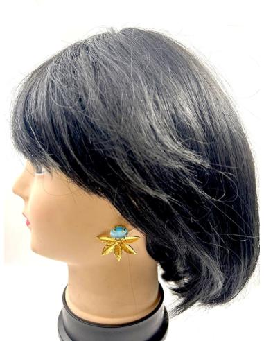 PENDIENTES BODA CORTOS DORADOS Y AZULES TURQUESAS CON HOJITAS