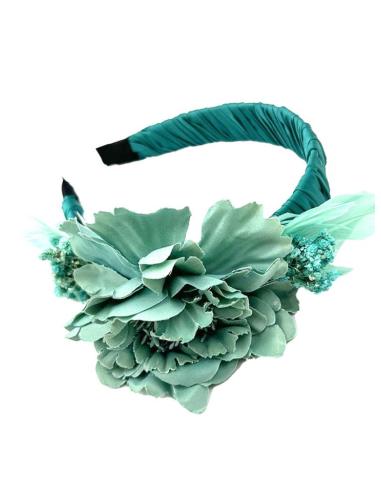 TOCADOS VERDES Y AZULES DIADEMAS DE FLOR Y PLUMAS PARA INVITADAS BODA