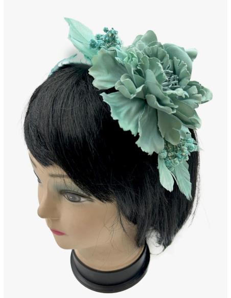 TOCADOS VERDES Y AZULES DIADEMAS DE FLOR Y PLUMAS PARA INVITADAS BODA
