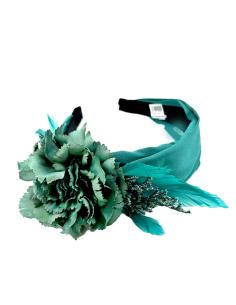 TOCADOS VERDES PETROLEO DIADEMAS DE FLOR Y PLUMAS DE INVITADA BODA