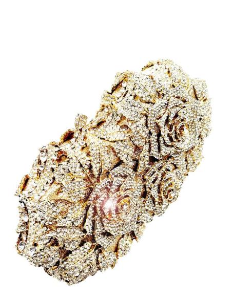 BOLSOS JOYA DORADOS DE PEDRERIA CON ROSAS DECORADAS CON DESTELLOS CRISTAL