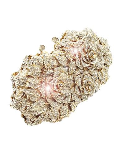 BOLSOS JOYA DORADOS DE PEDRERIA CON ROSAS DECORADAS CON DESTELLOS CRISTAL