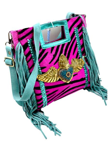 BOLSOS PIEL DE FLECOS FUCSIAS NEGROS Y TURQUESAS ANIMAL PRINT ESTILO BOHO