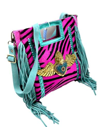 BOLSOS PIEL DE FLECOS FUCSIAS NEGROS Y TURQUESAS ANIMAL PRINT ESTILO BOHO
