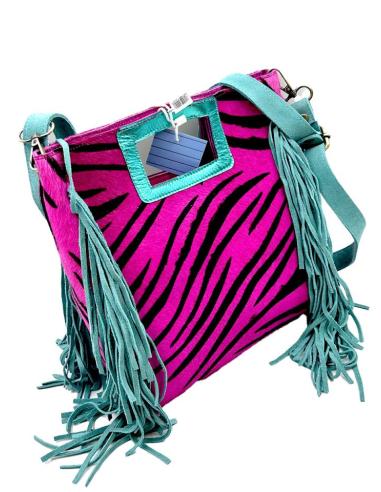 BOLSOS PIEL DE FLECOS FUCSIAS NEGROS Y TURQUESAS ANIMAL PRINT ESTILO BOHO