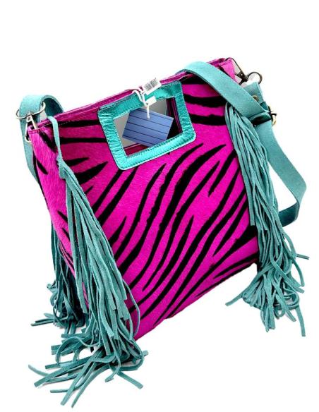 BOLSOS PIEL DE FLECOS FUCSIAS NEGROS Y TURQUESAS ANIMAL PRINT ESTILO BOHO