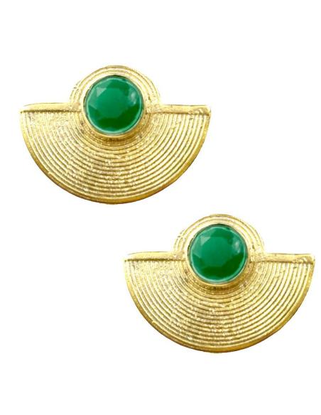 PENDIENTES CORTOS VERDES Y DORADOS DE PIEDRAS Y BAÑO DE ORO
